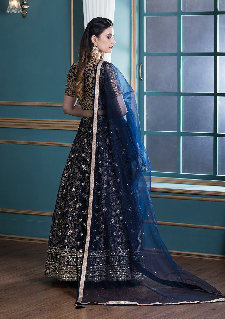 Navy Blue Embellished Net Designer Lehenga-Koskii