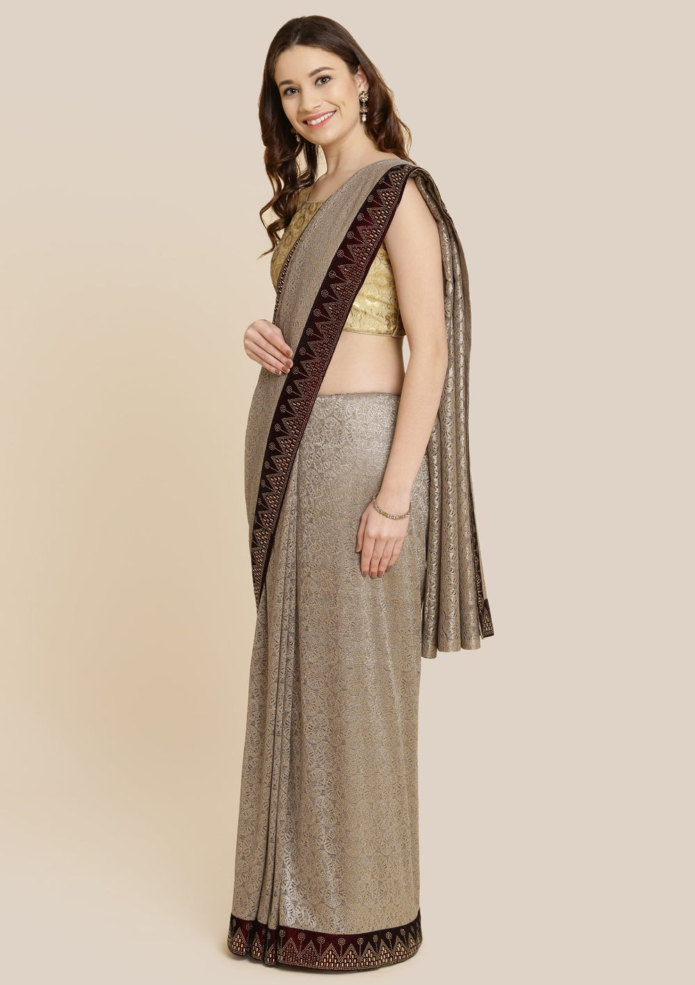 Light Brown Swarovski Net Designer Saree-Koskii