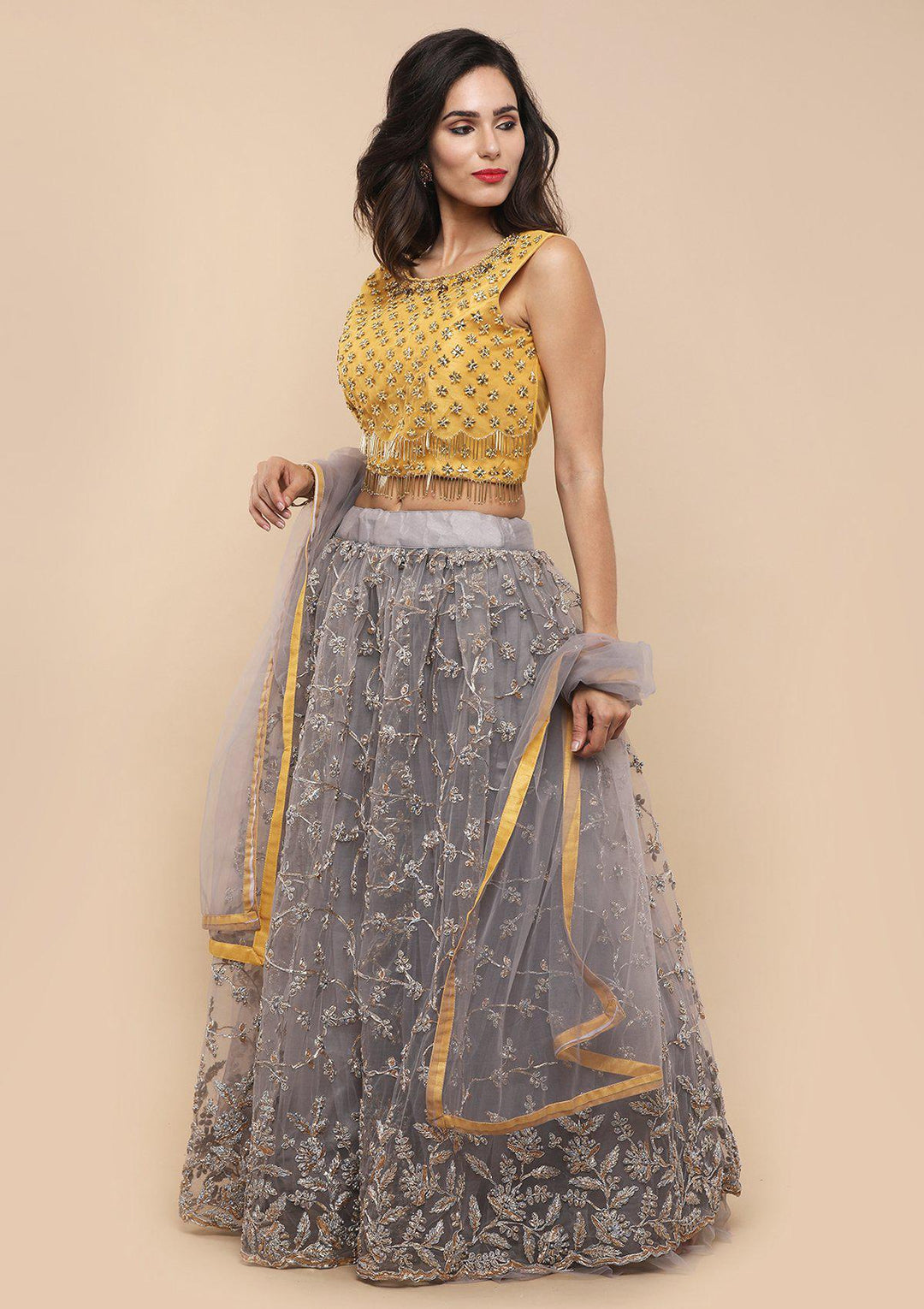 Yellow and Grey Net Designer Lehenga-Koskii