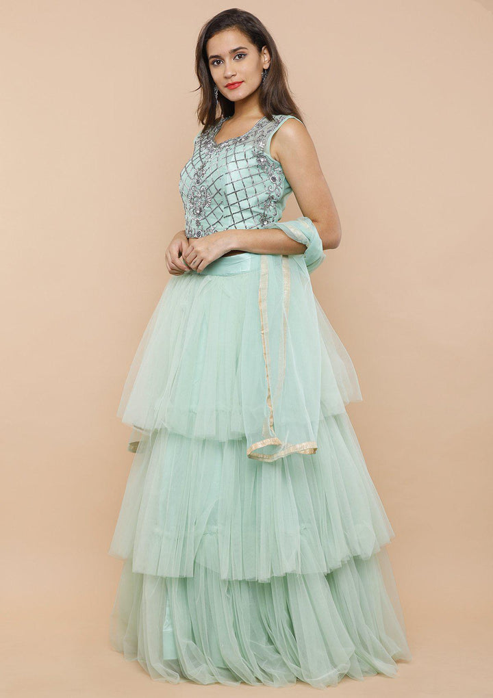 Sea Green Ruffled Net Designer Lehenga-Koskii