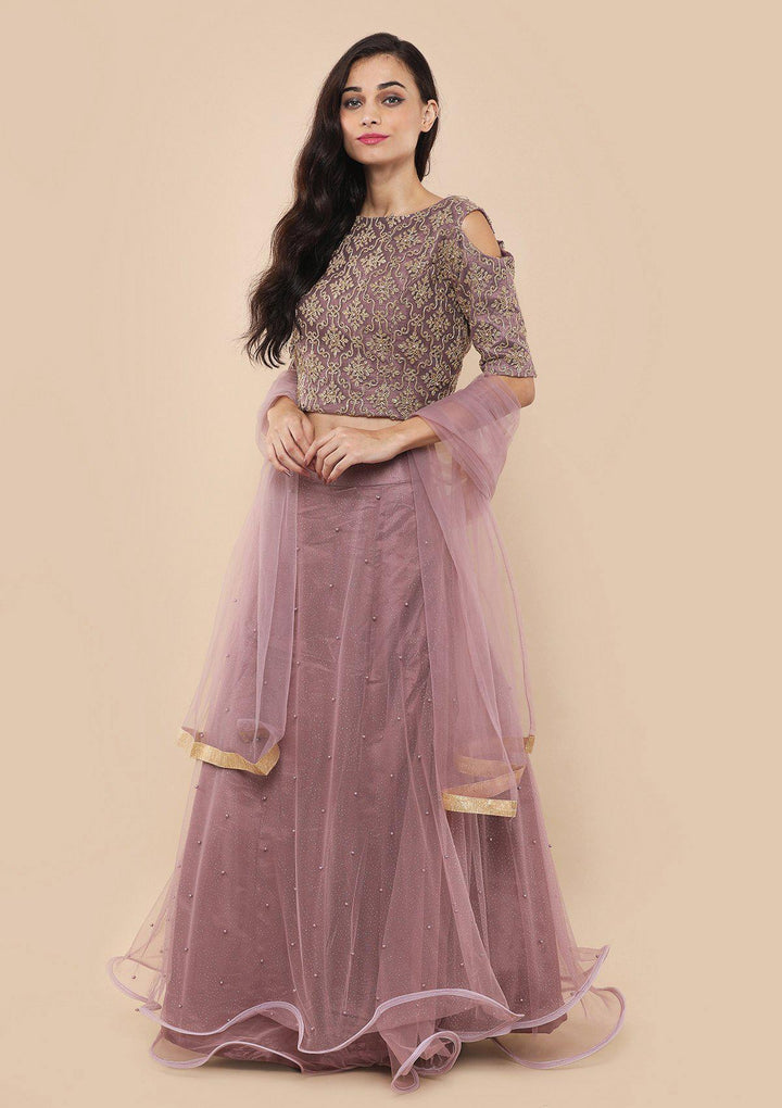 Lavender Pearl Studded Silk Designer Lehenga-Koskii