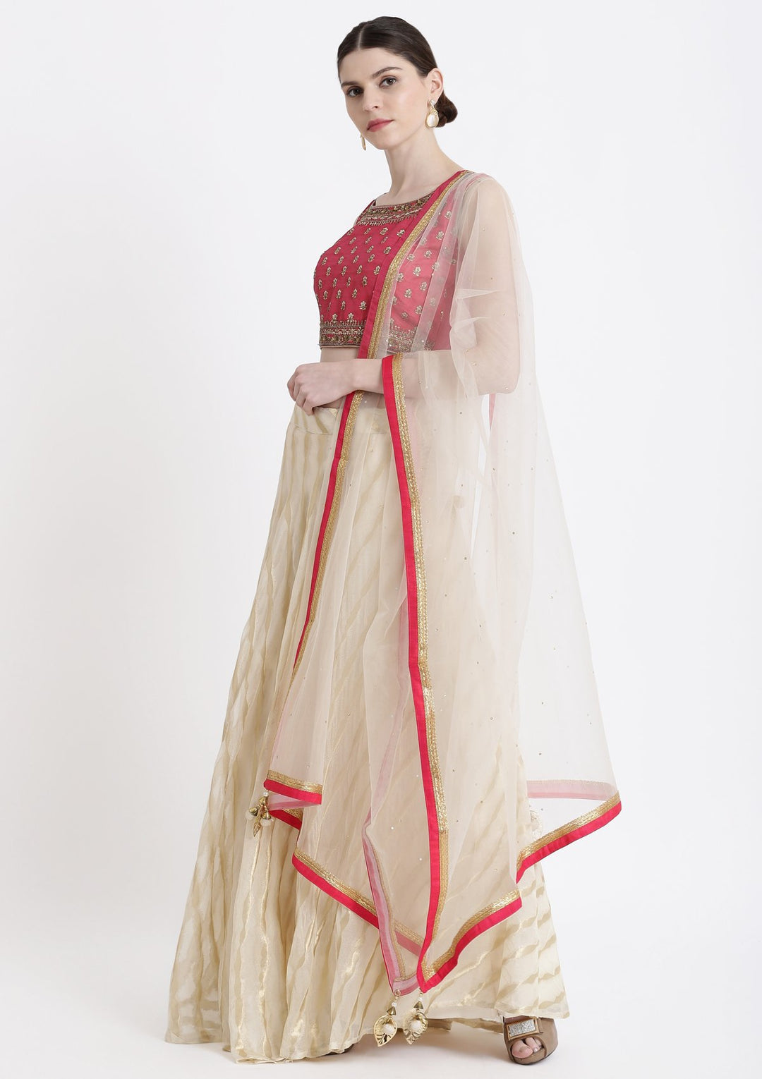 Cream Cutdana Net Designer Lehenga-Koskii