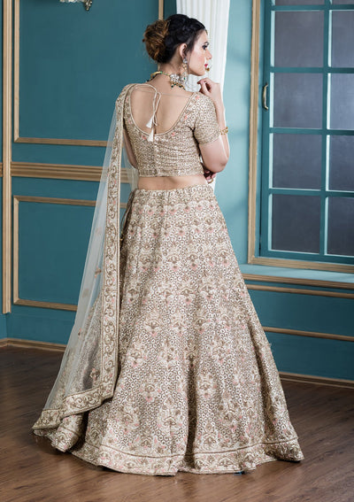 Beige Silk Zardozi Work Designer Lehenga-Koskii