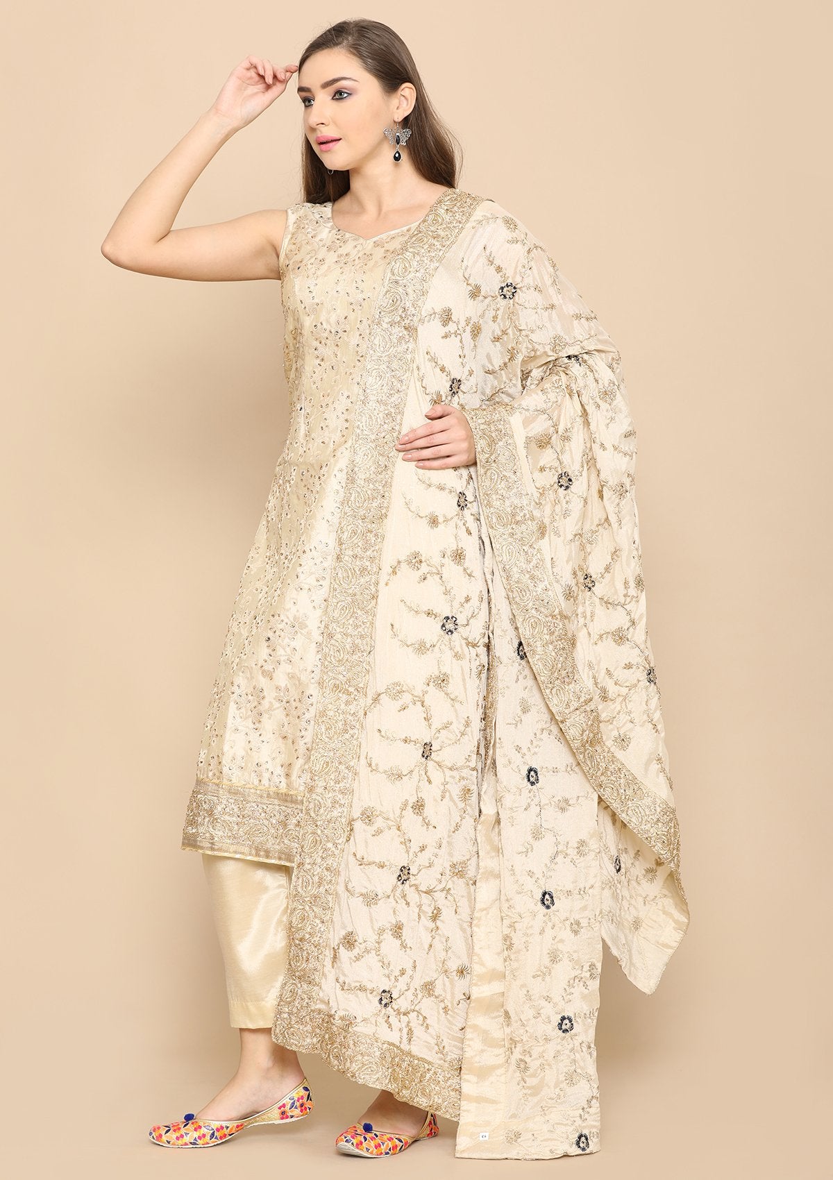 Cream Thread Work Designer Salwar Suit-Koskii
