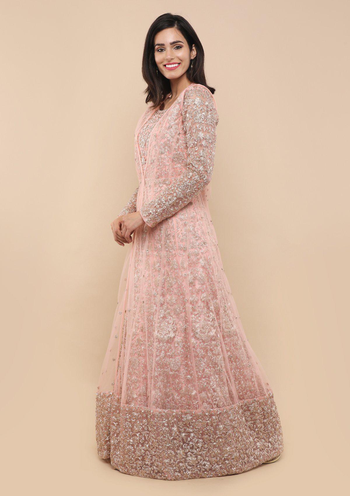 Pink Floral Jacket Net Designer Gown-Koskii