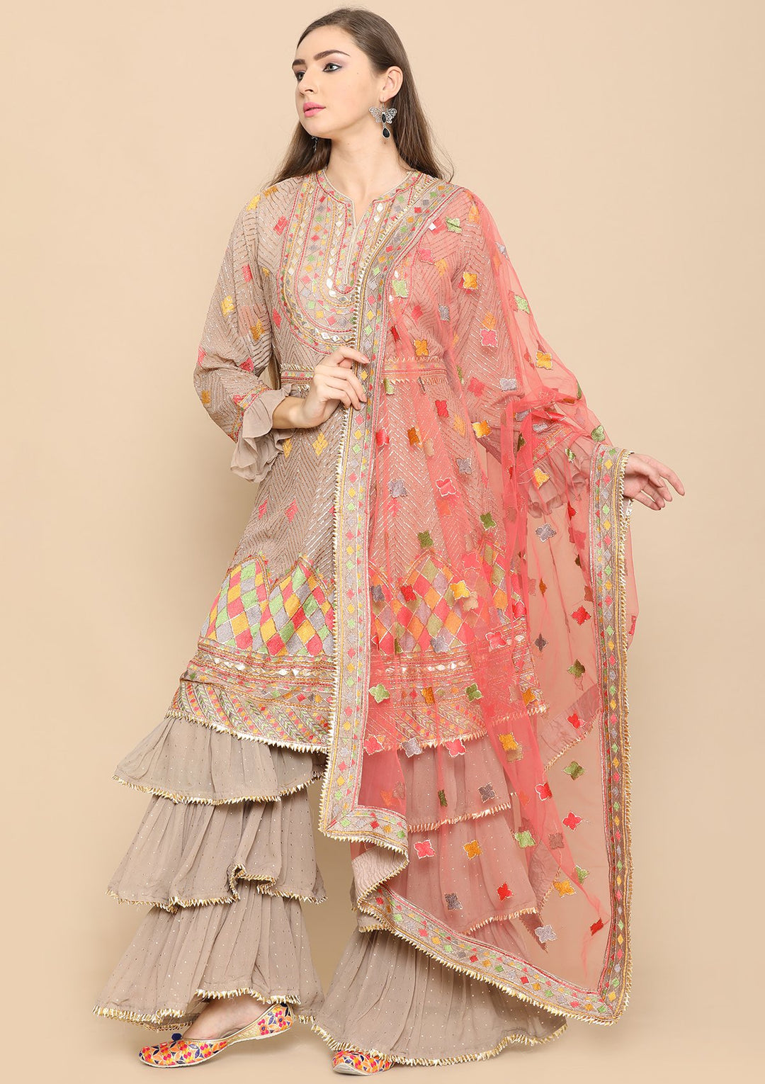 Brown Thread Work Net Designer Sharara-Koskii