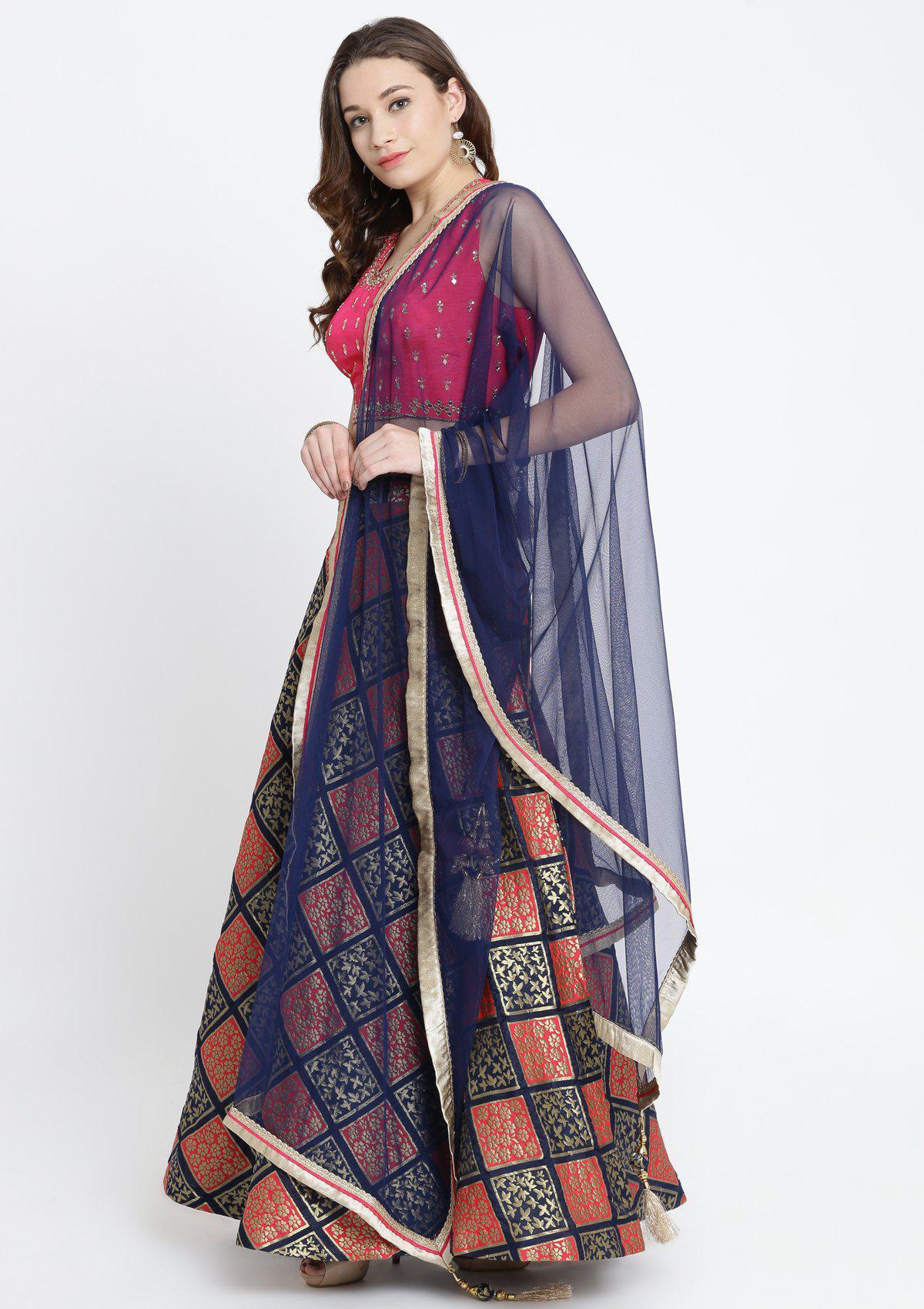 Navy Blue and Fuschia Mirrorwork Brocade Designer Lehenga-Koskii