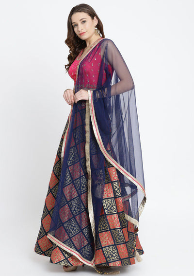 Navy Blue and Fuschia Mirrorwork Brocade Designer Lehenga-Koskii