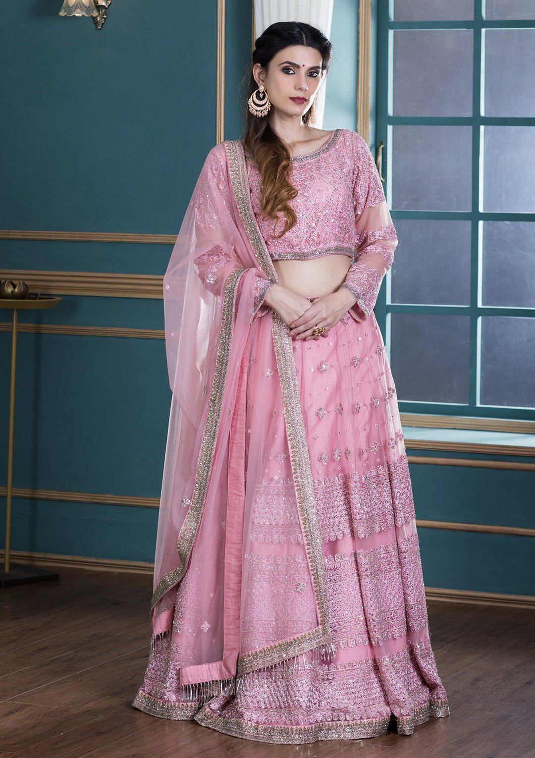 Pink Thread Work Net Designer Lehenga-Koskii