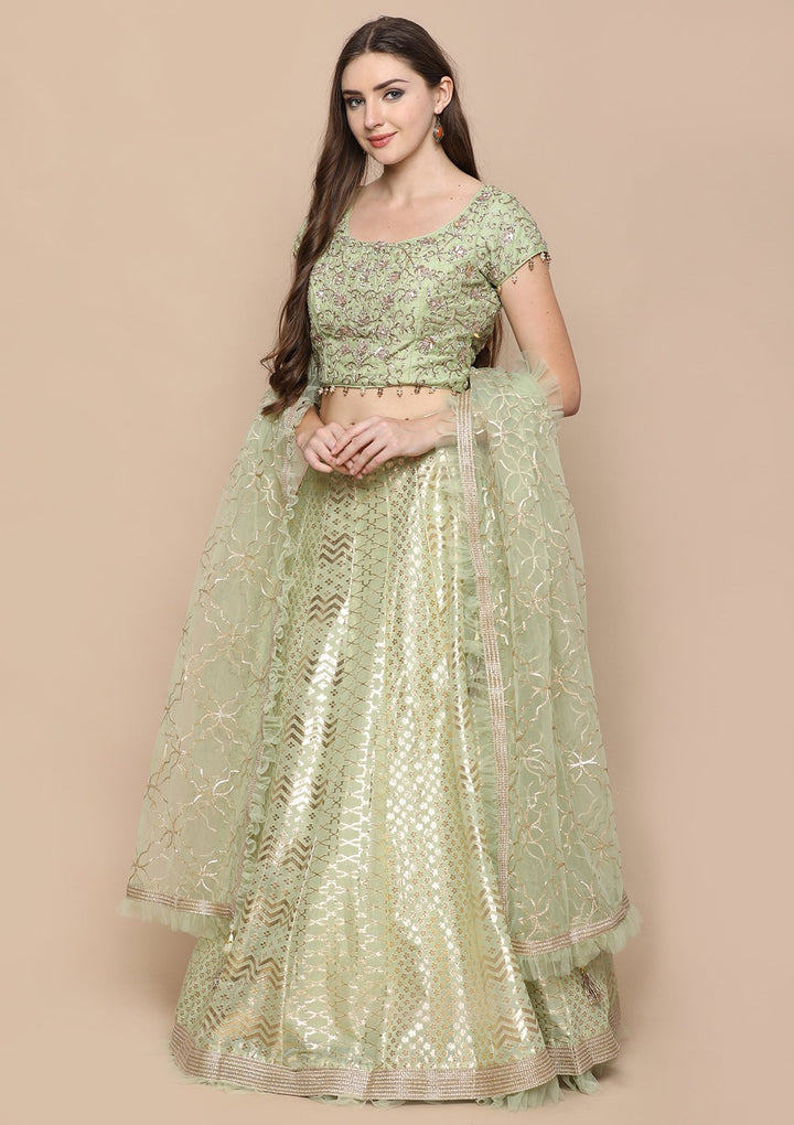 Pista Green Gotta Pathi Silk Designer Lehenga-Koskii