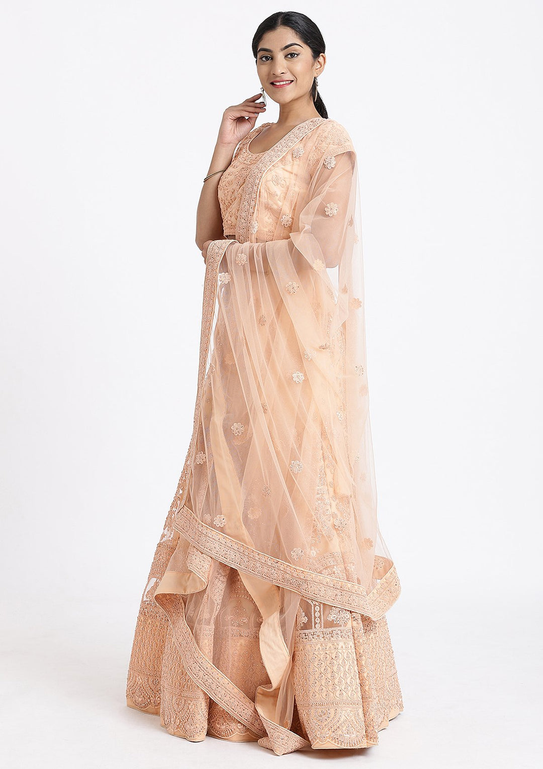 Peach Threadwork Net Designer Lehenga-Koskii