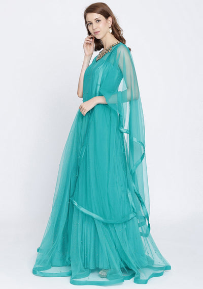 Turquoise Blue Stonework Net Designer Gown-Koskii