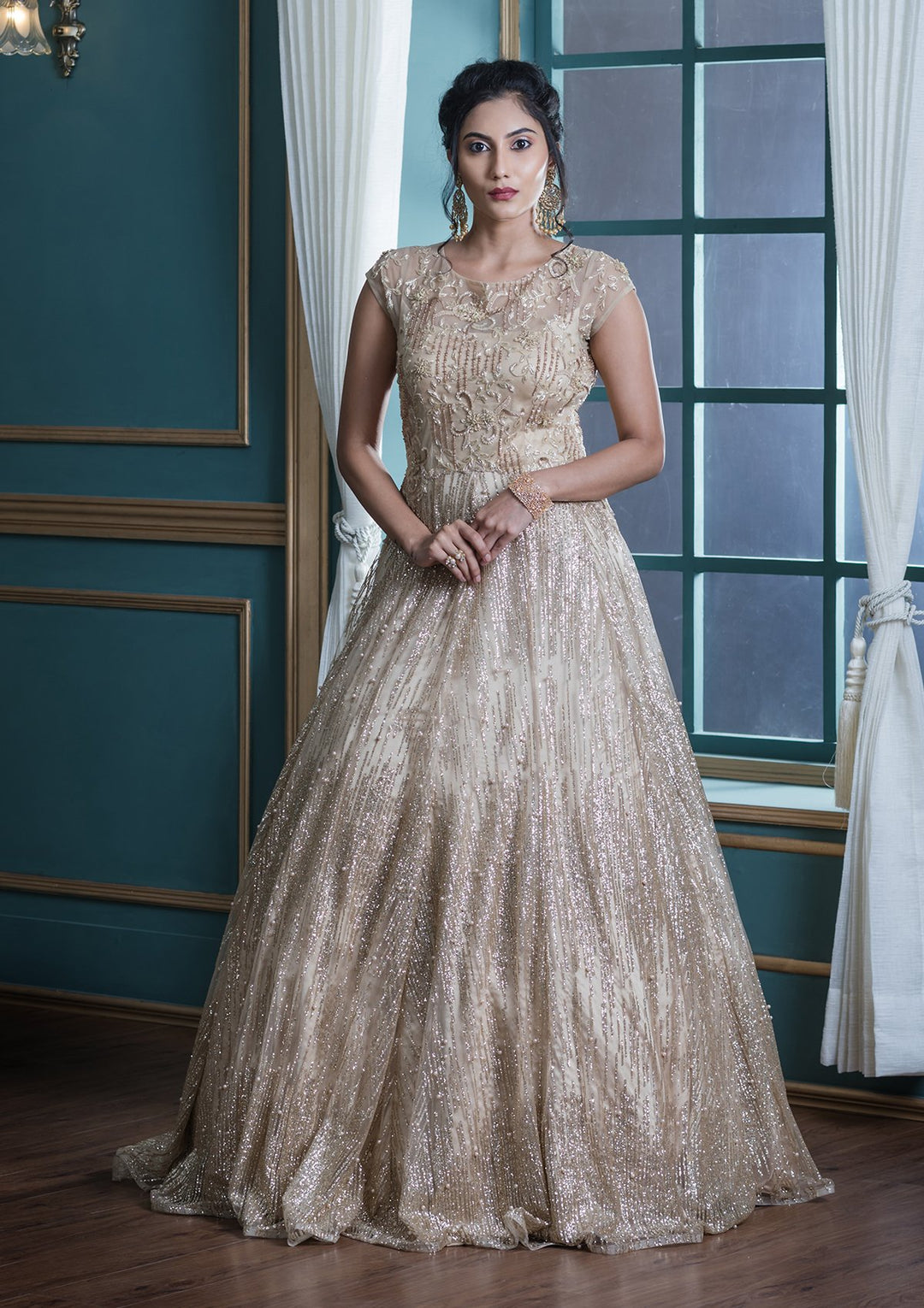 Beige Bead Work Net Designer Gown-Koskii