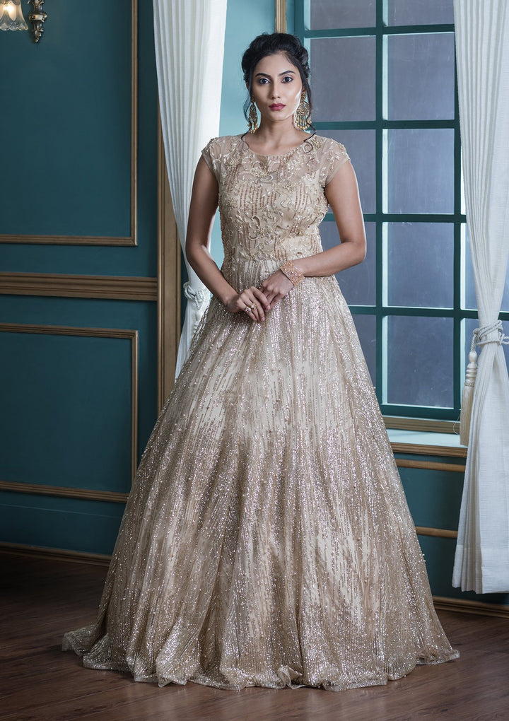 Beige Bead Work Net Designer Gown-Koskii