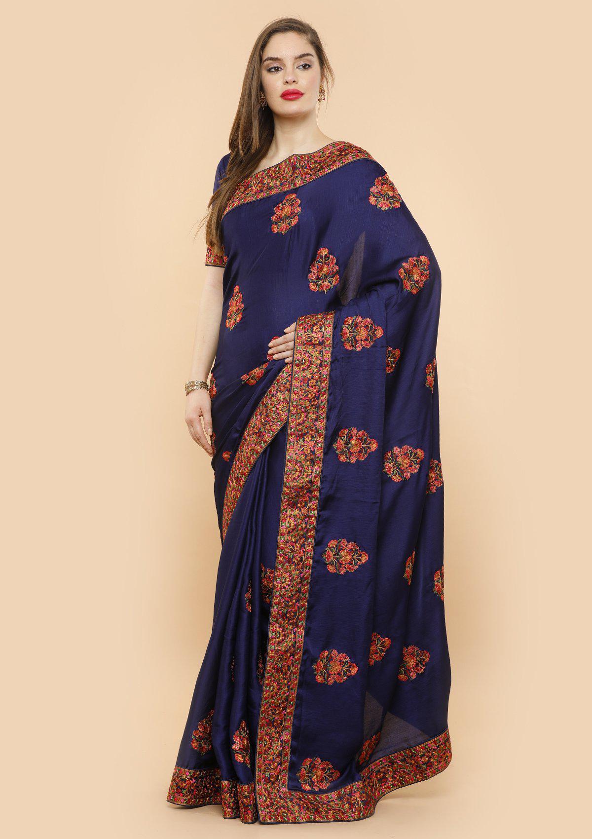 Oxford Blue Threadwork Raw Silk Designer Saree-Koskii