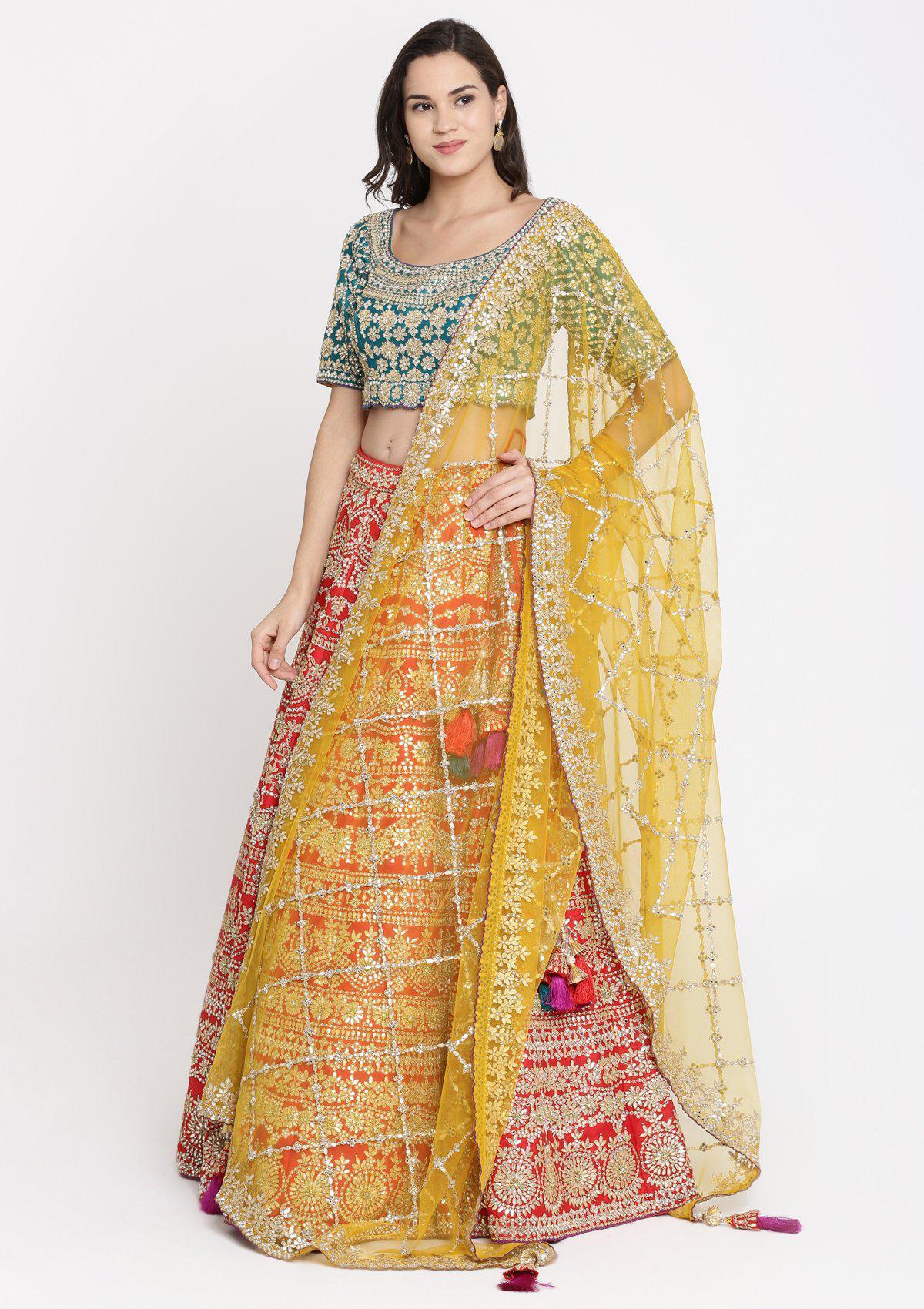 Red Gota Patti Raw Silk Designer Lehenga-Koskii