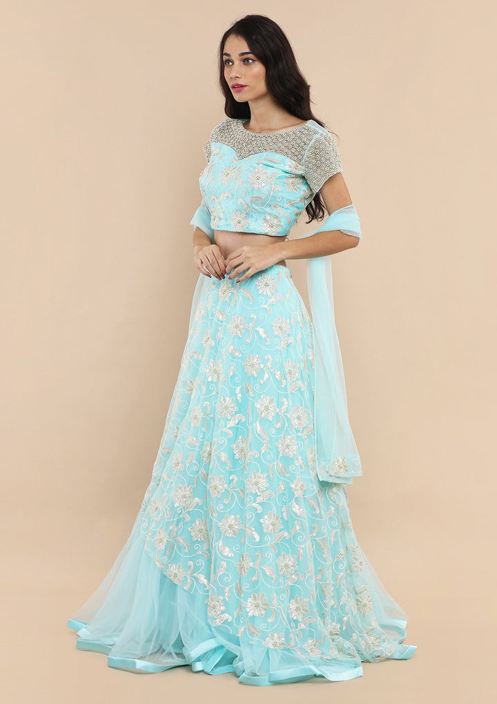 Light Blue Floral Thread Work Designer Lehenga-Koskii