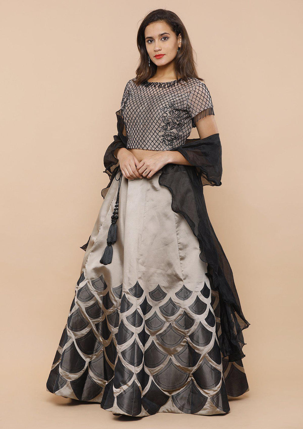Grey Black Cutdana Silk Designer Lehenga-Koskii