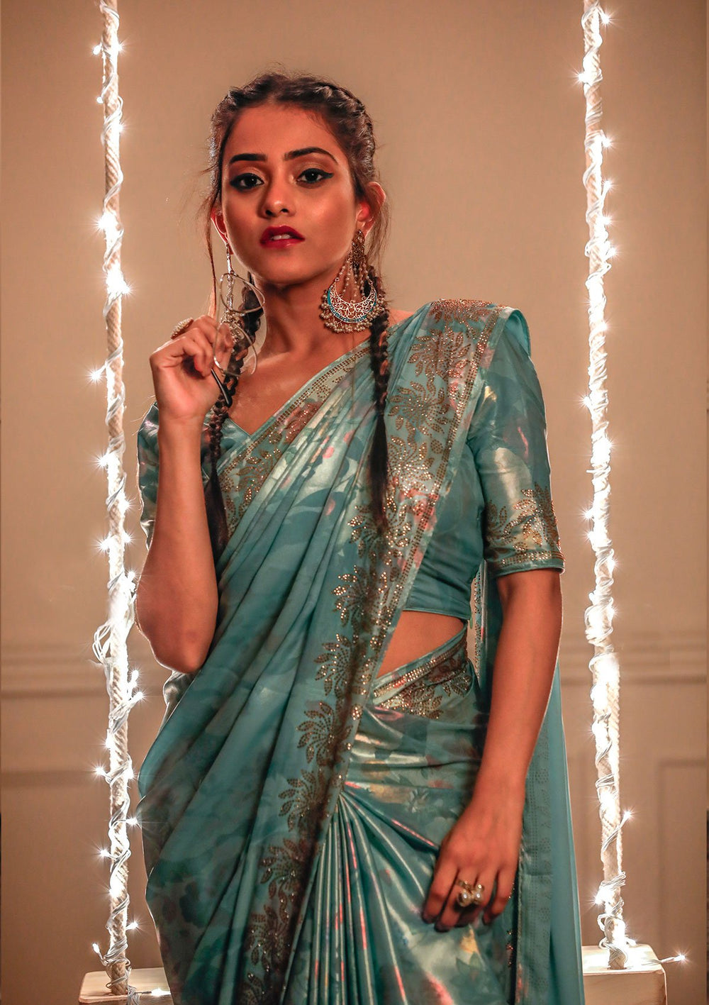 Sea Green Swarovski Shimmer Designer Saree-Koskii
