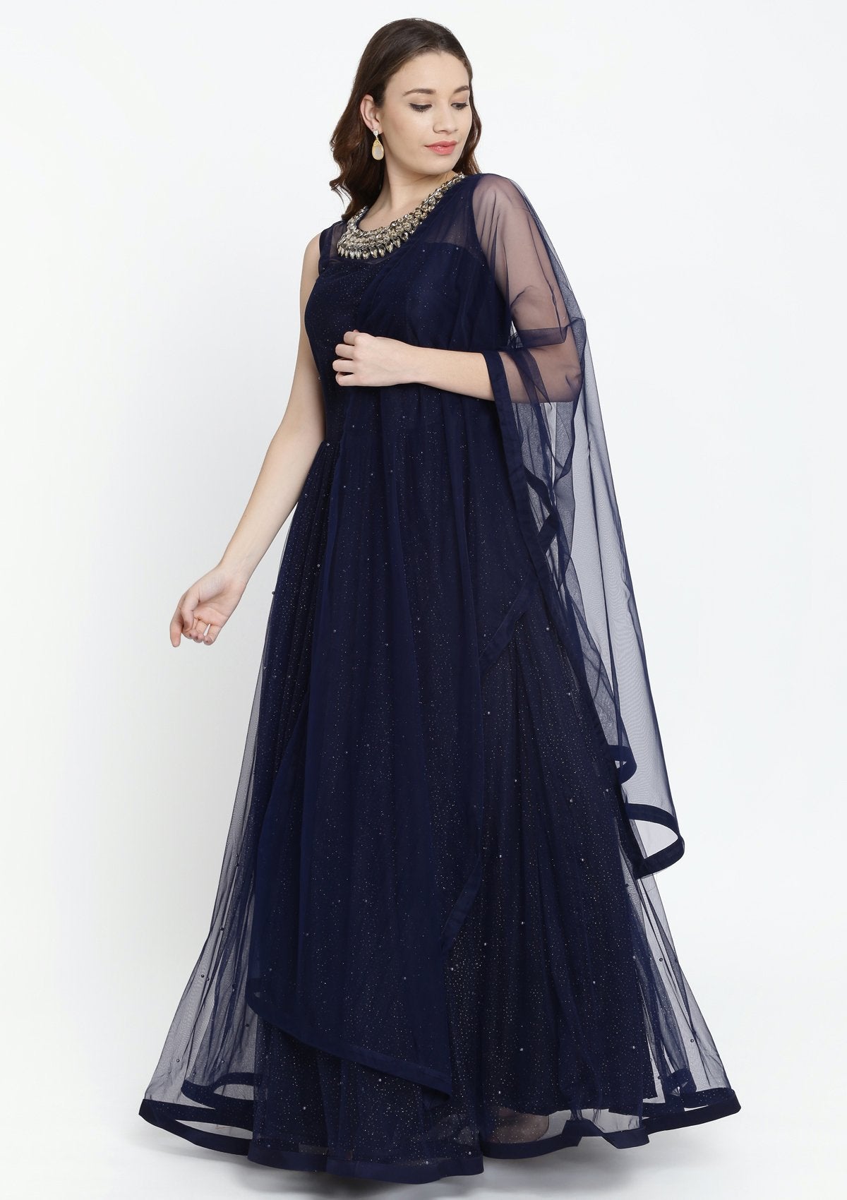 Navy Blue Stonework Net Designer Gown-Koskii