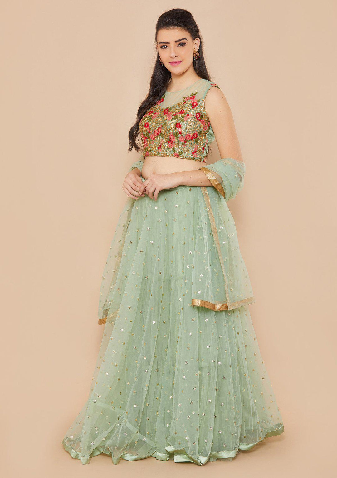 Mint Green Zariwork Net Designer Lehenga-Koskii
