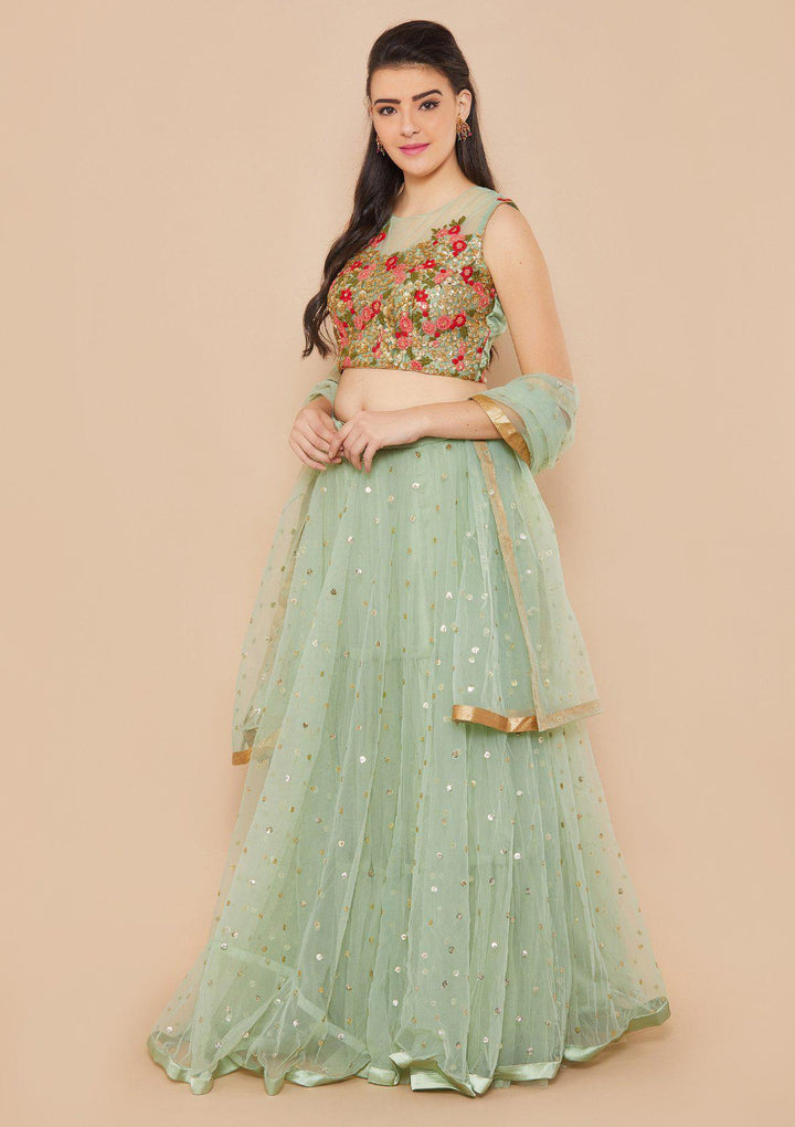 Mint Green Zariwork Net Designer Lehenga-Koskii