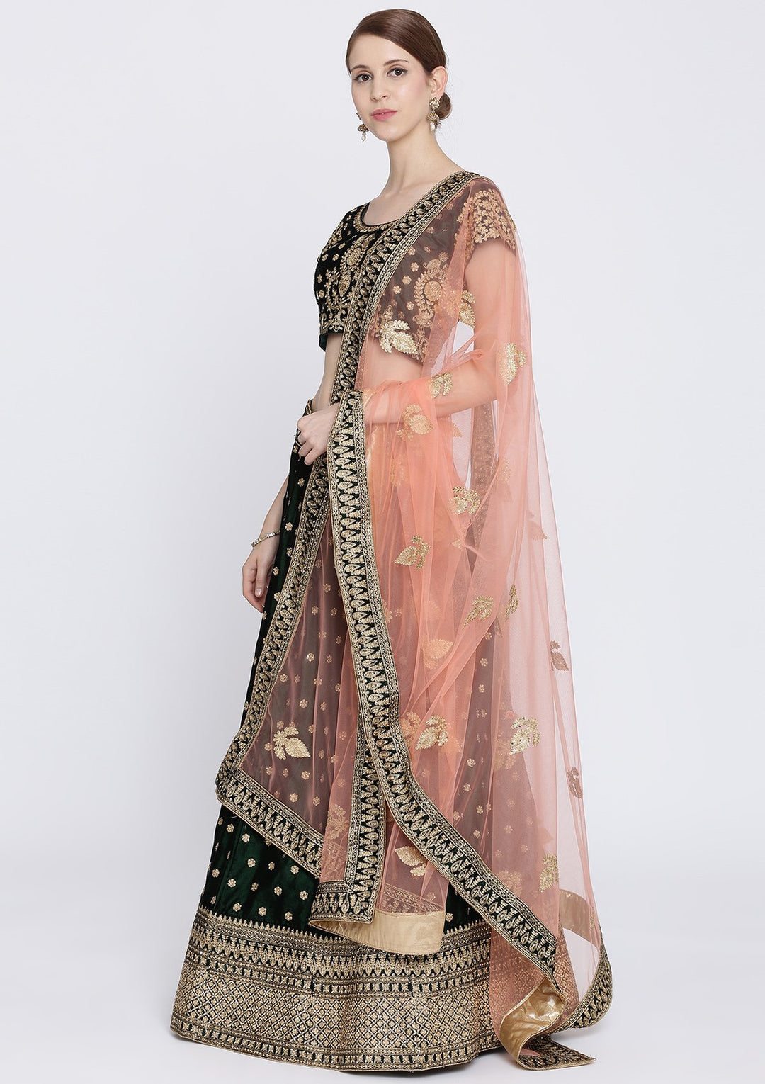 Bottle Green Zariwork Velvet Designer Lehenga-Koskii