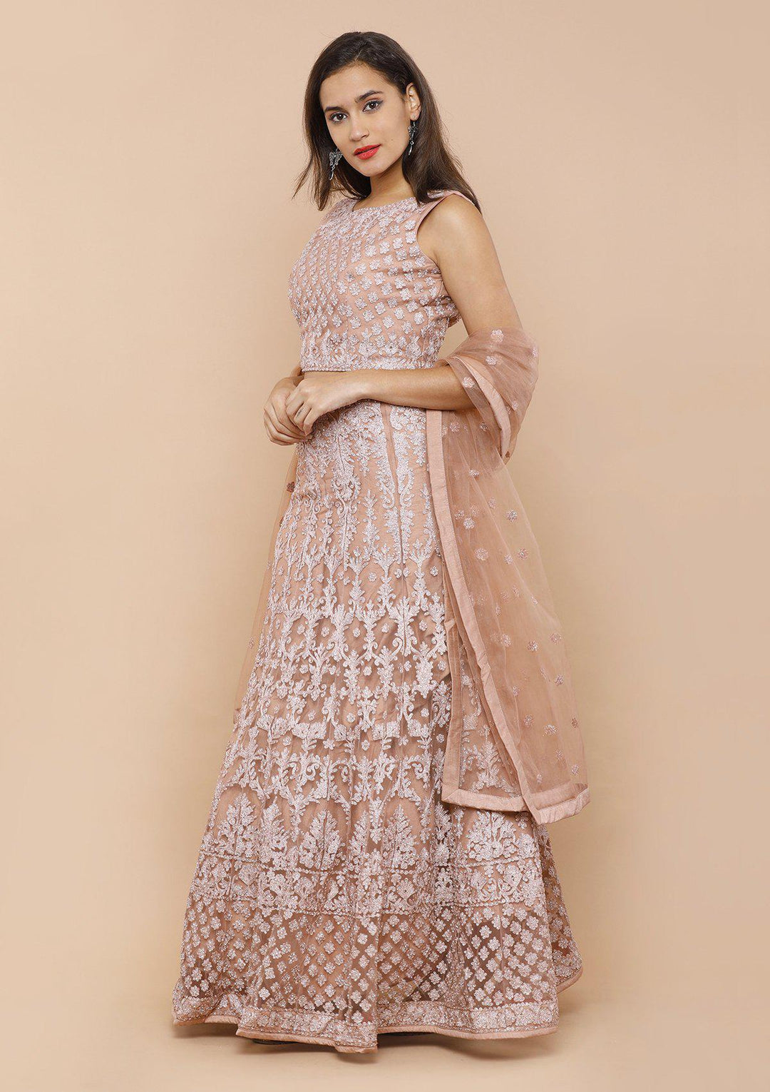 Dusty Rose Threadwork Net Designer Lehenga-Koskii