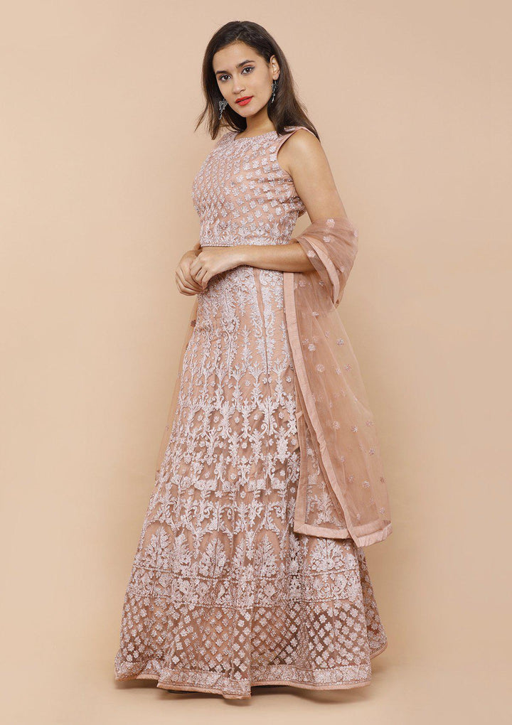Dusty Rose Threadwork Net Designer Lehenga-Koskii