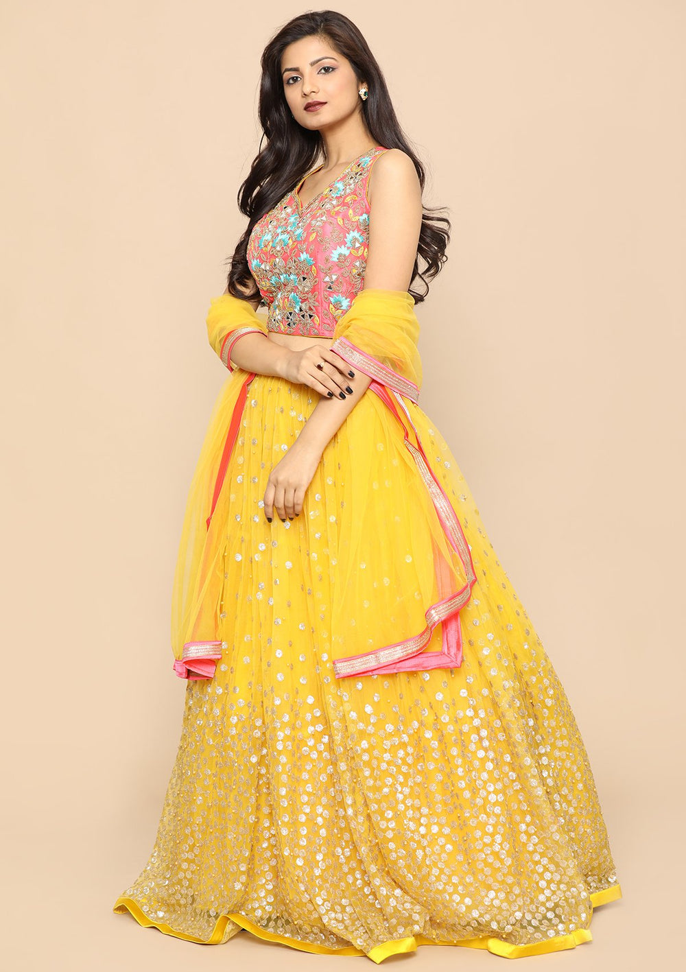 Yellow Zardozi Satin Designer Lehenga-Koskii