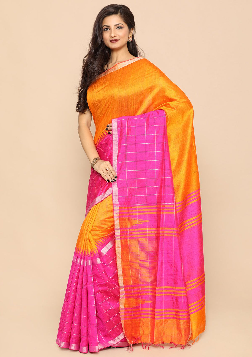 Orange and Magenta Handmade Saree-Koskii