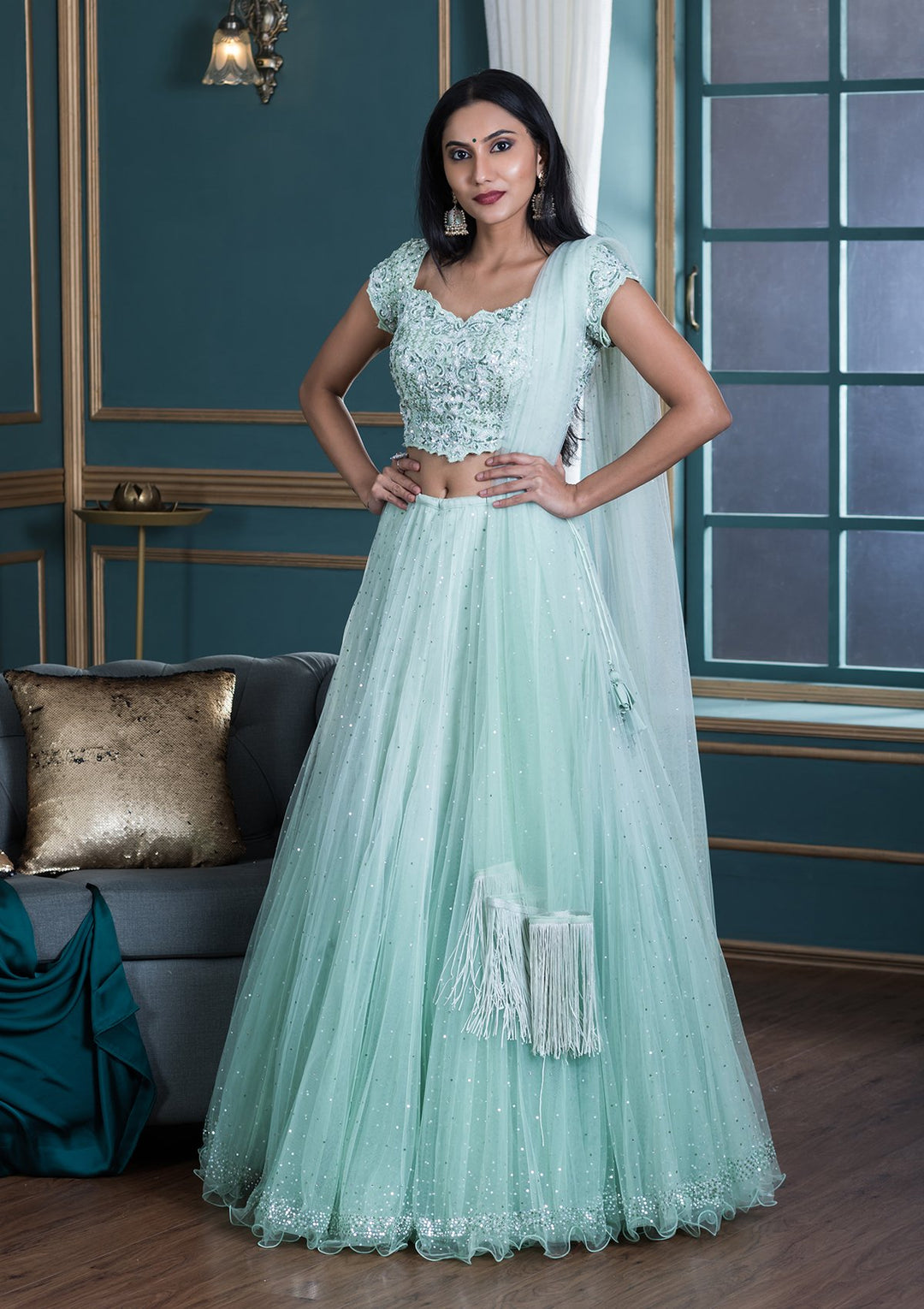 Sea Green Embellished Net Designer Lehenga-Koskii
