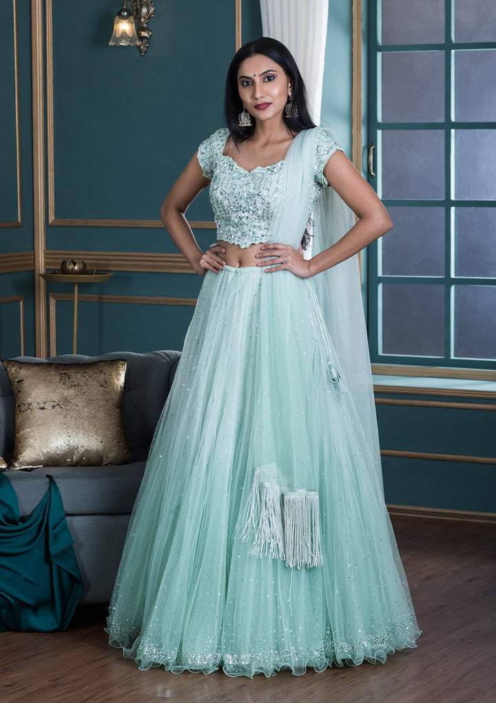 Sea Green Embellished Net Designer Lehenga-Koskii