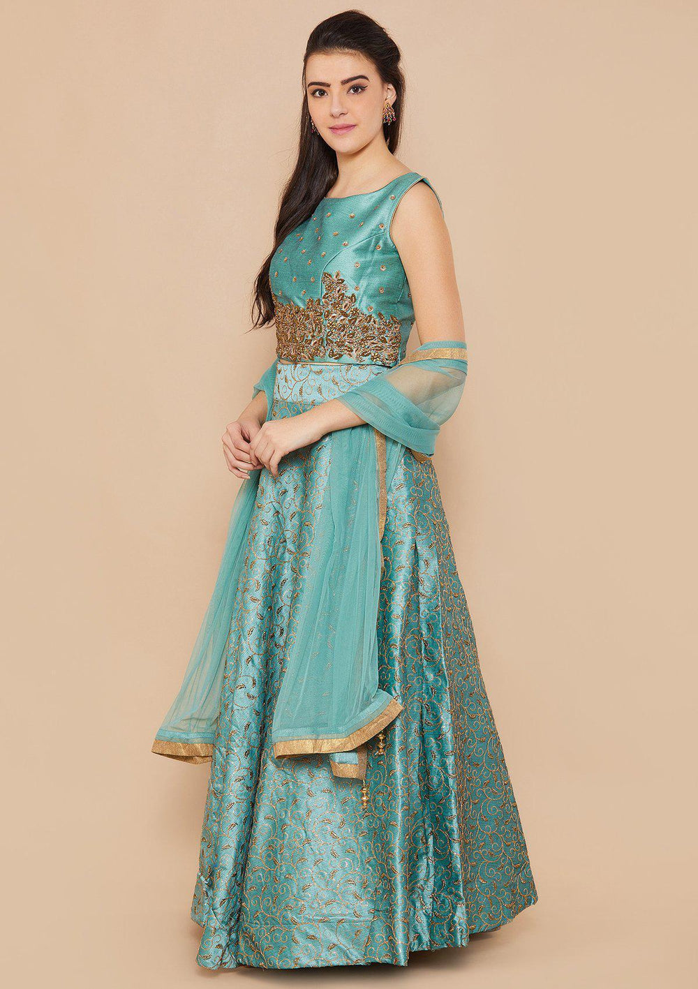 Teal Stonework Raw-Silk Designer Lehenga-Koskii