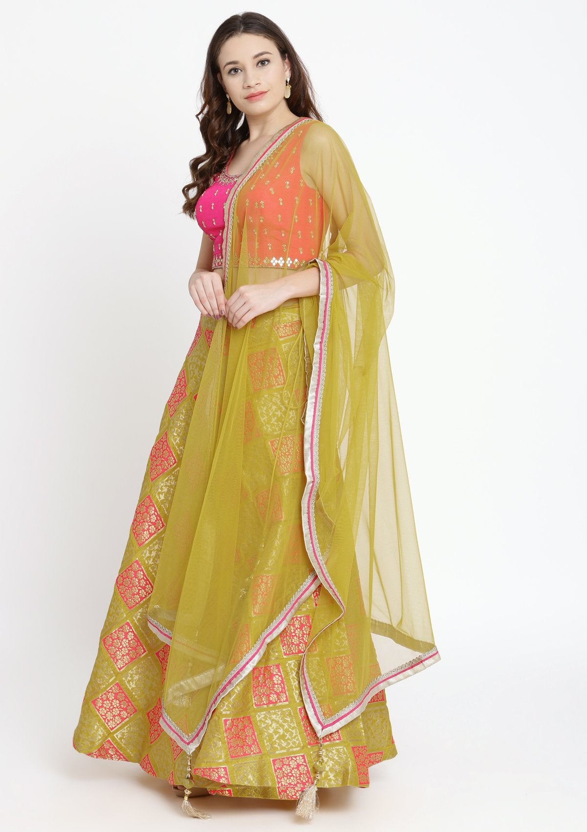 Yellow and Fuschia Mirrorwork Brocade Designer Lehenga-Koskii