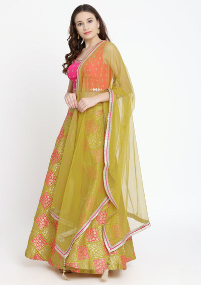 Yellow and Fuschia Mirrorwork Brocade Designer Lehenga-Koskii