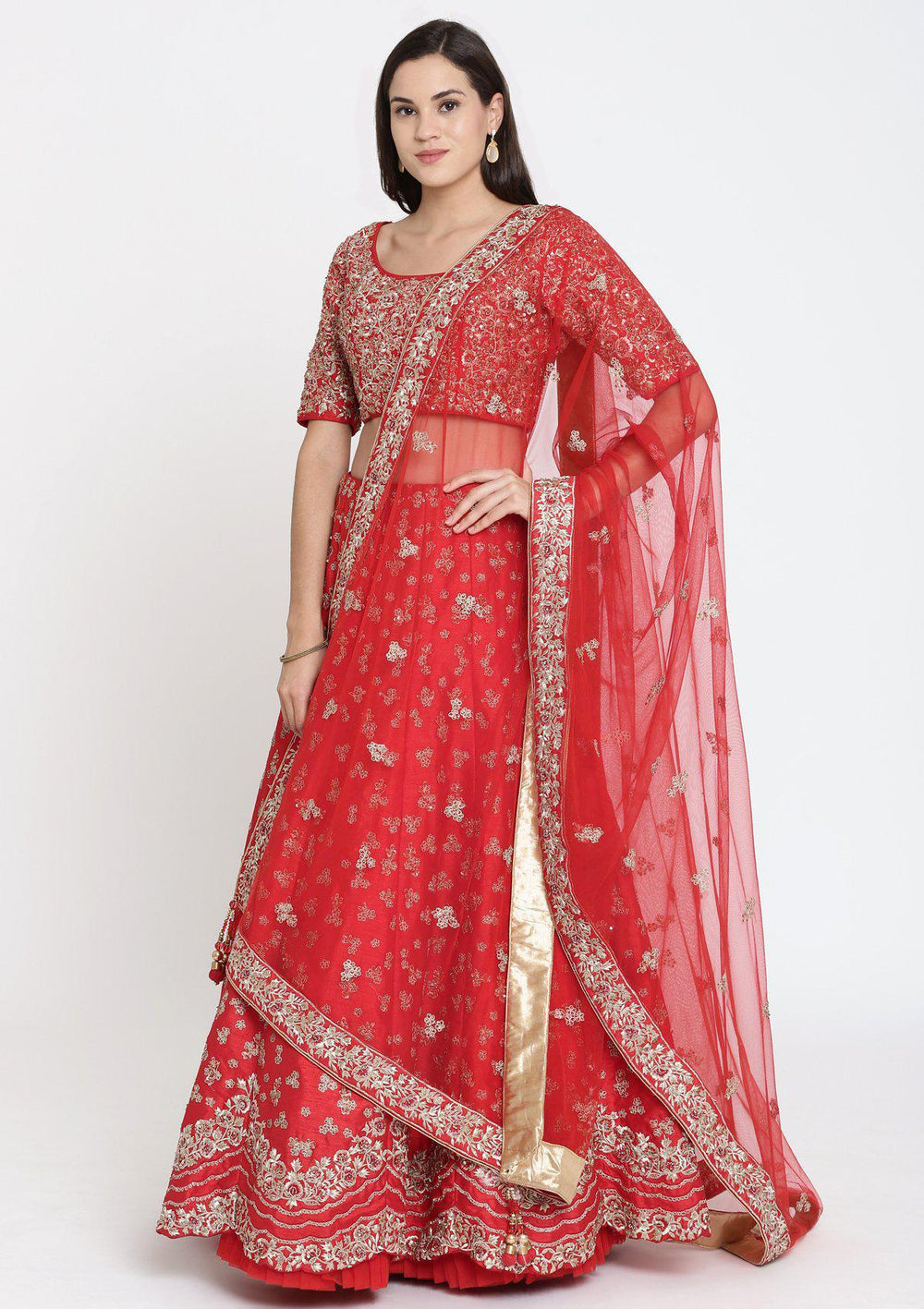 Red Sequinned Raw Silk Designer Lehenga-Koskii