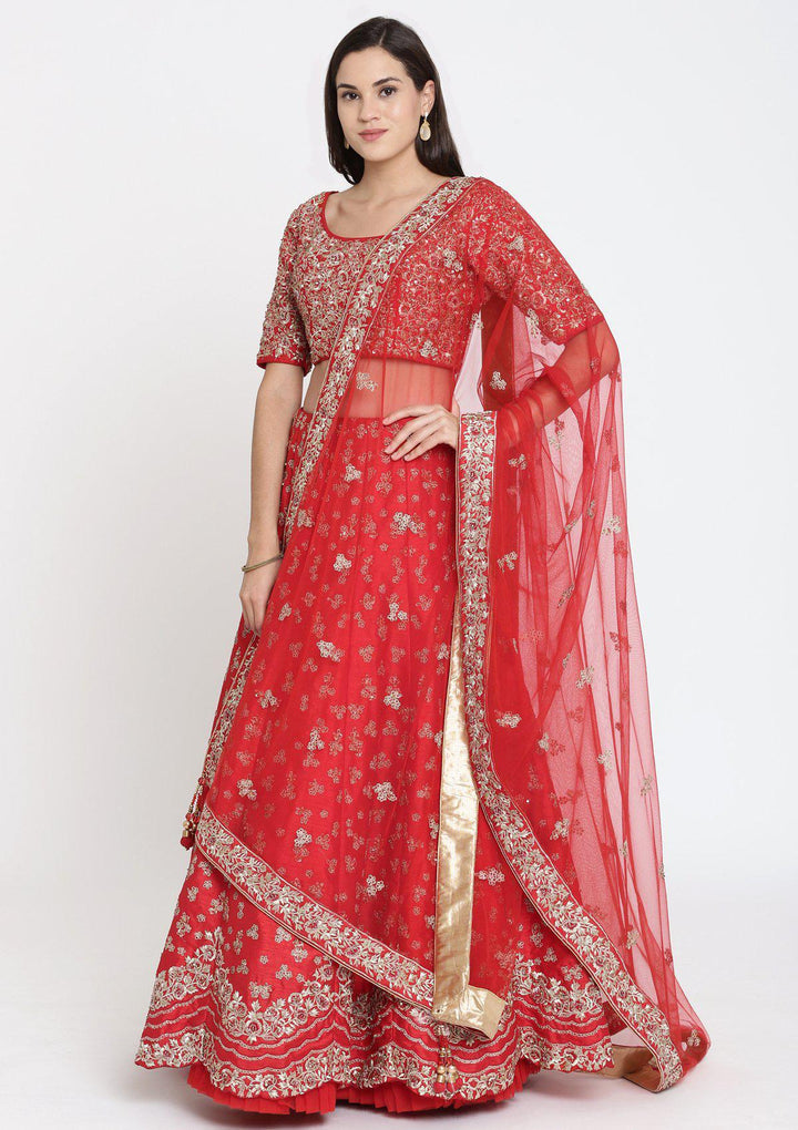 Red Sequinned Raw Silk Designer Lehenga-Koskii