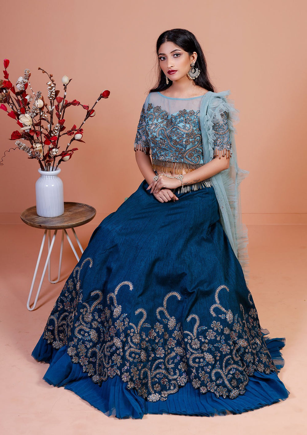Peacock Blue Zariwork Raw Silk Designer Lehenga-Koskii