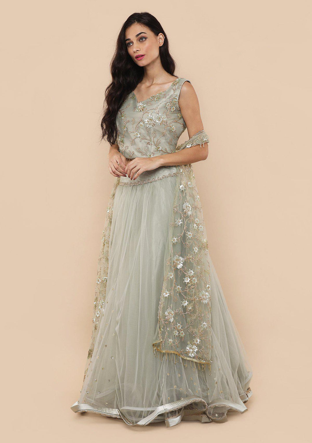 Pista Green Cutdana Work Net Designer Lehenga-Koskii