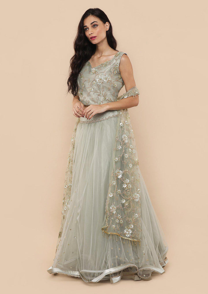 Pista Green Cutdana Work Net Designer Lehenga-Koskii