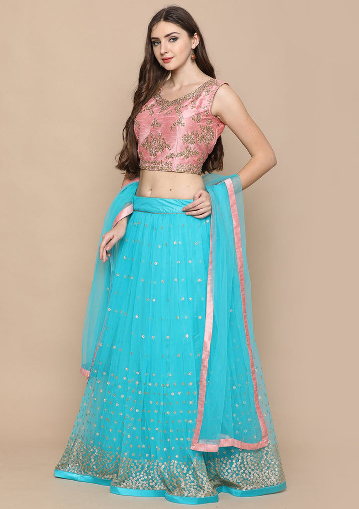 Sky Blue Stone Work Silk Designer Lehenga-Koskii
