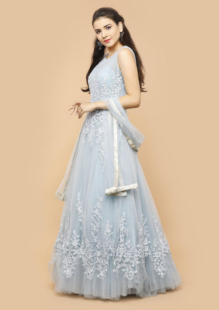 Powder Blue Threadwork Net Designer Gown-Koskii