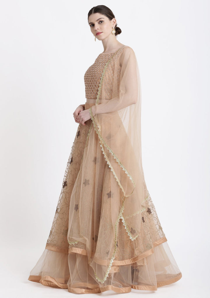 Peach Pearlwork Net Designer Lehenga-Koskii