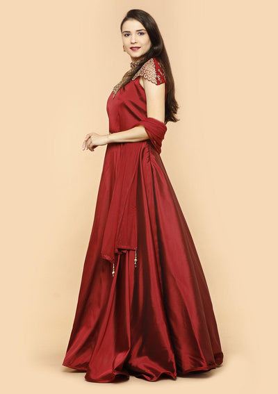 Maroon Embellished Silk Designer Gown-Koskii