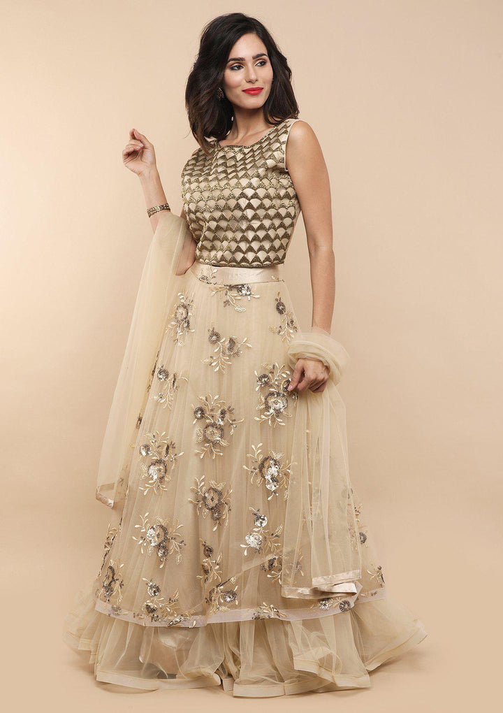 KOSKII BEIGE FLORAL NET LEHENGA-Koskii