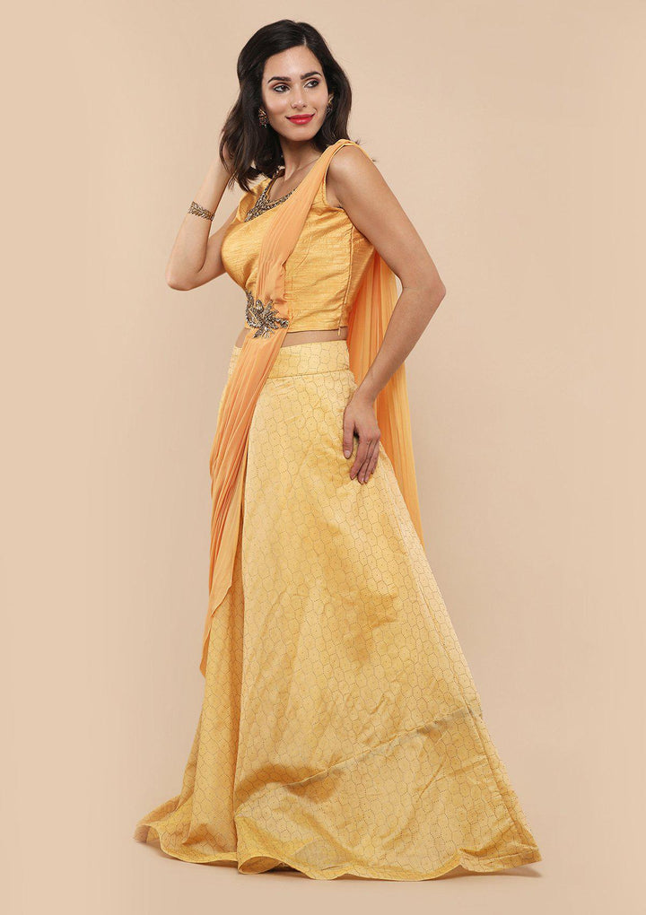 KOSKII YELLOW RAW SILK DRAPE LEHENGA-Koskii