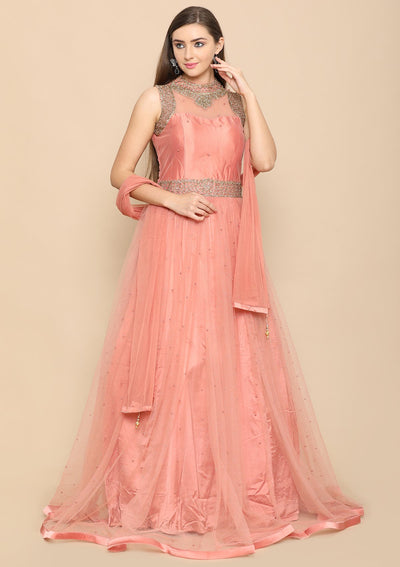 Rose Pink Zari Work Satin Designer Gown-Koskii