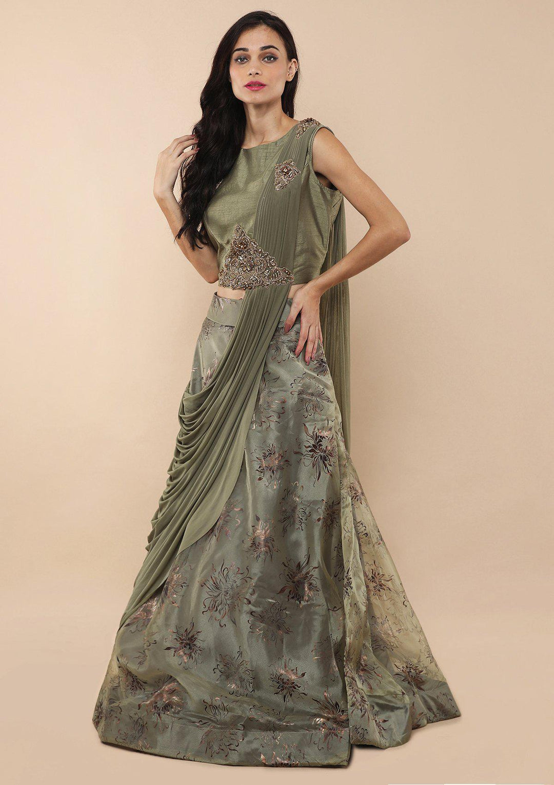 Sage Green Zardozi Work Tissue Designer Lehenga-Koskii