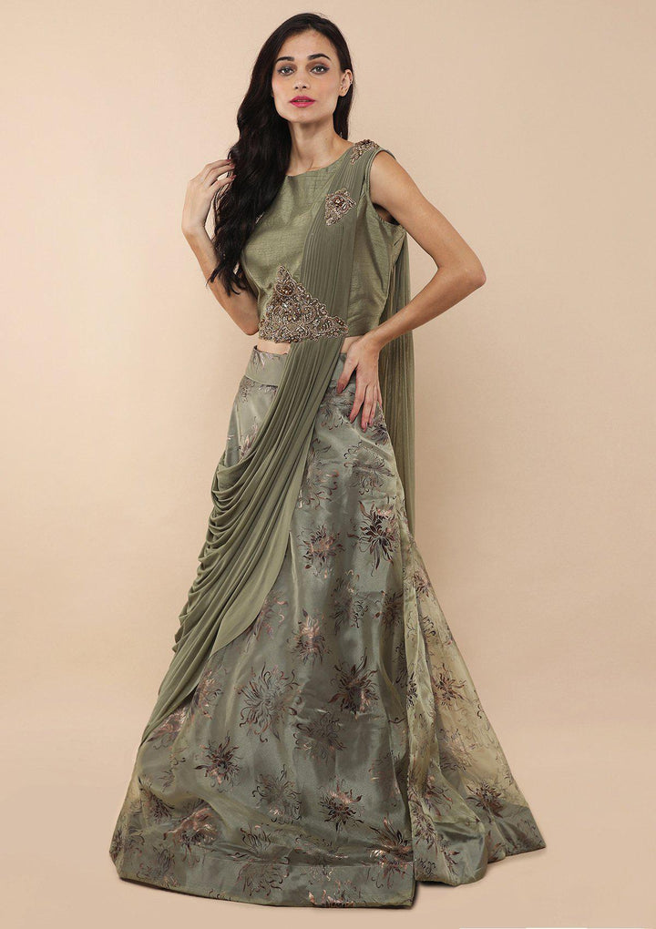Sage Green Zardozi Work Tissue Designer Lehenga-Koskii